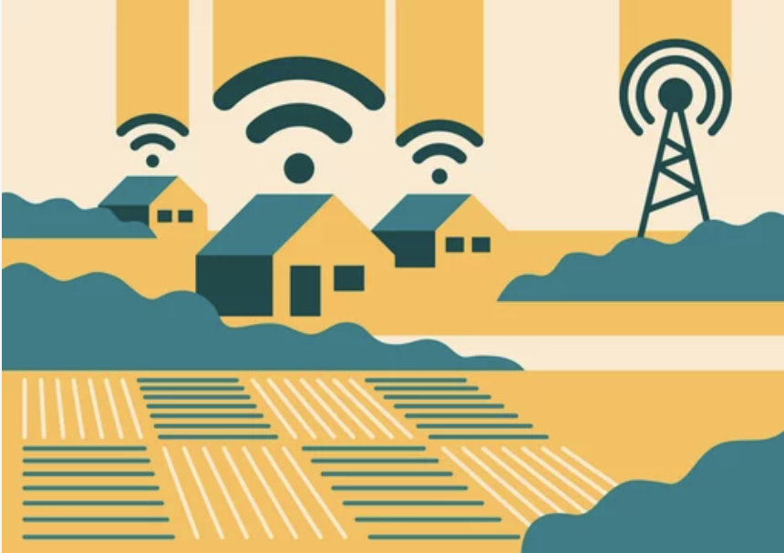 Illustration of wireless network above a house with wifi symbol in the sky