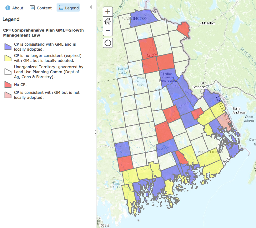 Screenshot of online map that shows whether municipalities have adopted a comprehensive plan or not. 