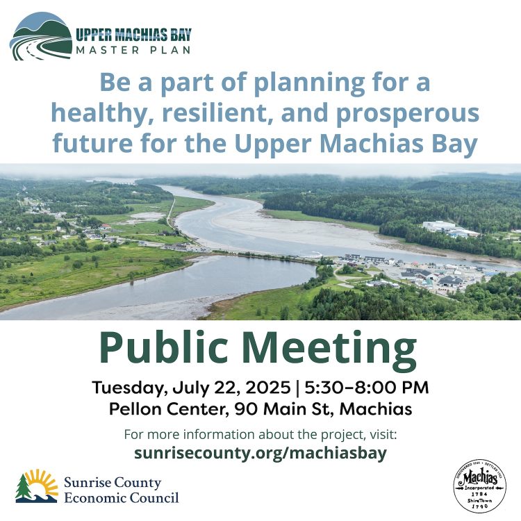 Public Meeting Announcement graphic with picture of Upper Machias Bay