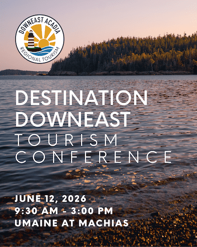 Destination Downeast Tourism Conference image with rocky shore and waves - June 12 2026